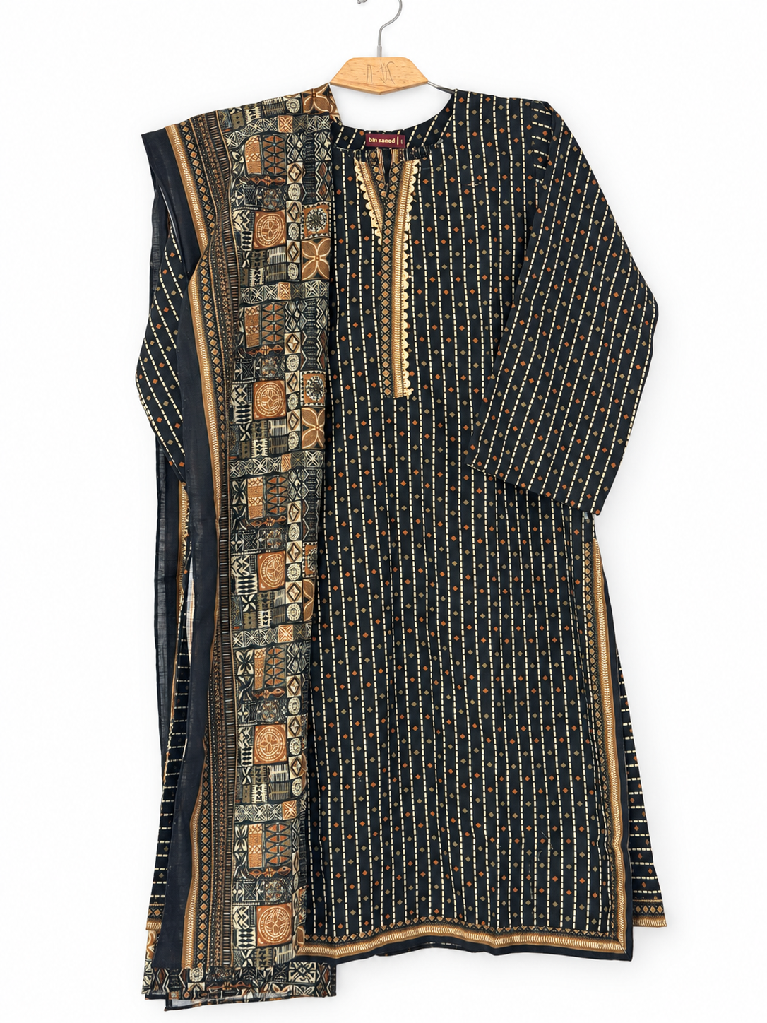 Bin Saeed Khaadar black rust patchwork 3 piece stitched suit clean front view