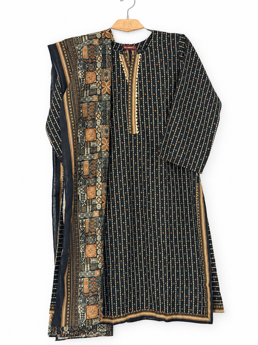 Bin Saeed Khaadar black rust patchwork 3 piece stitched suit clean front view