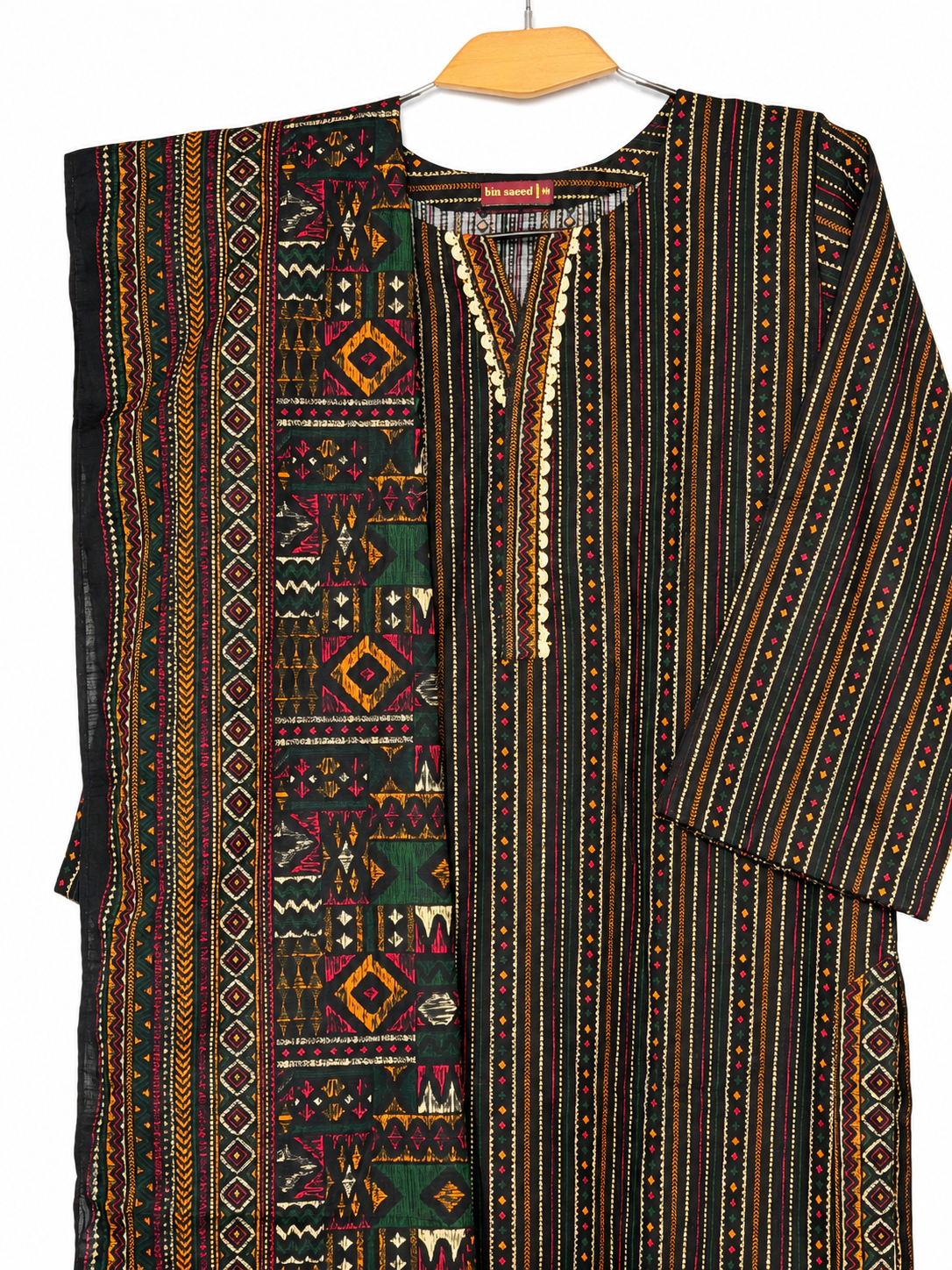 Bin Saeed Black Tribal Khaadar 3 Piece Suit gallery detail 2