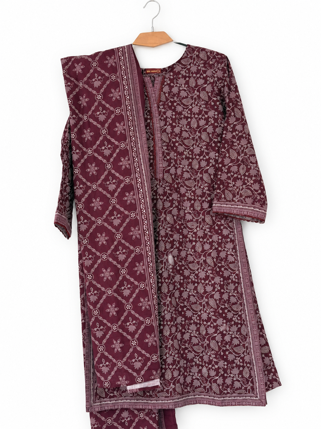 Bin Saeed Khaadar burgundy floral 3 piece stitched suit clean front view