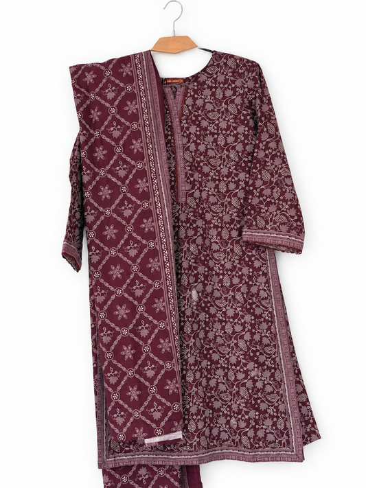 Bin Saeed Khaadar burgundy floral 3 piece stitched suit clean front view