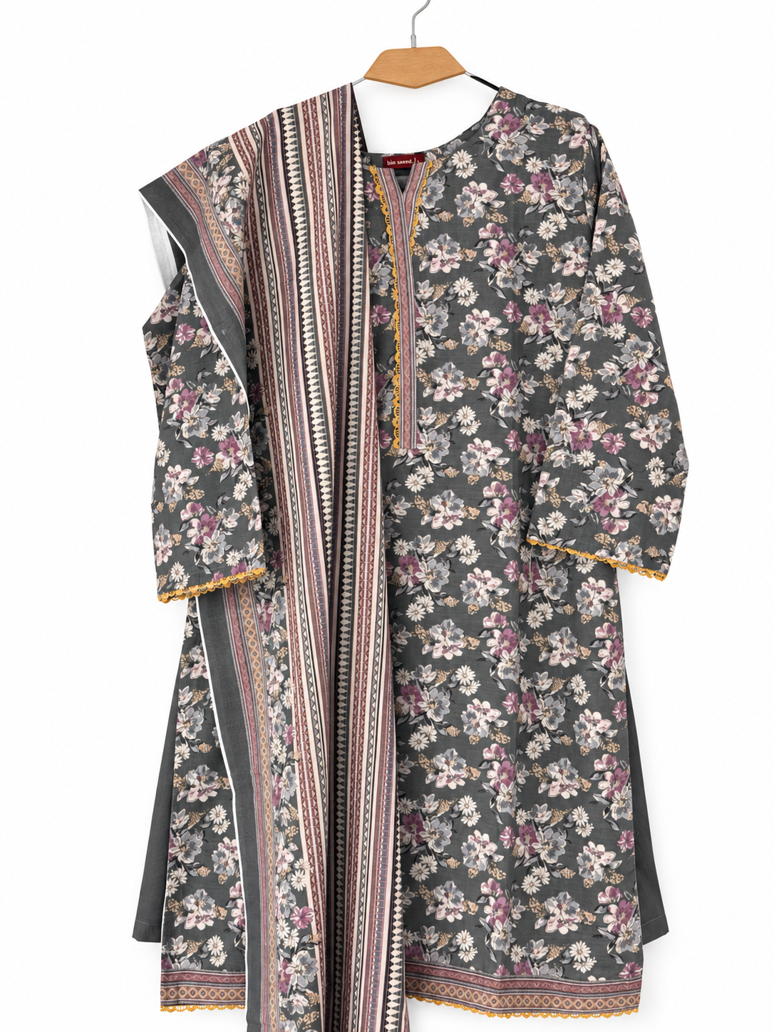 Bin Saeed Khaadar charcoal mauve floral 3 piece stitched suit clean front view