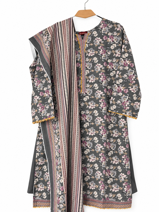 Bin Saeed Khaadar charcoal mauve floral 3 piece stitched suit clean front view