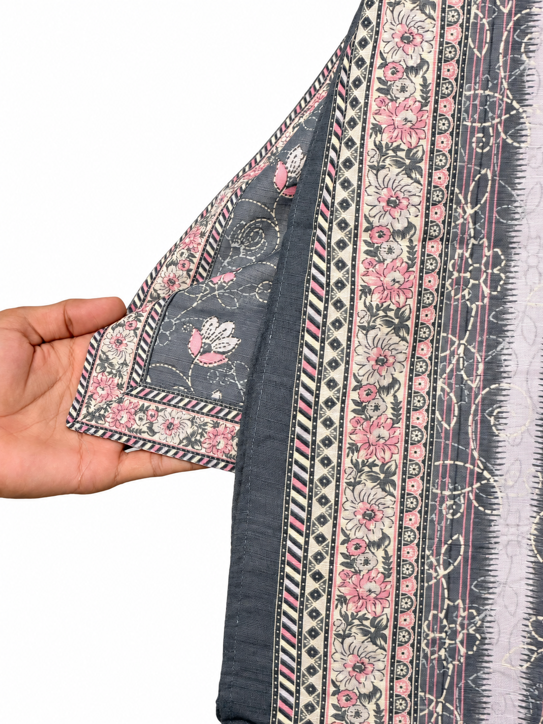Bin Saeed Khaadar Charcoal Pink Floral fabric and shawl detail