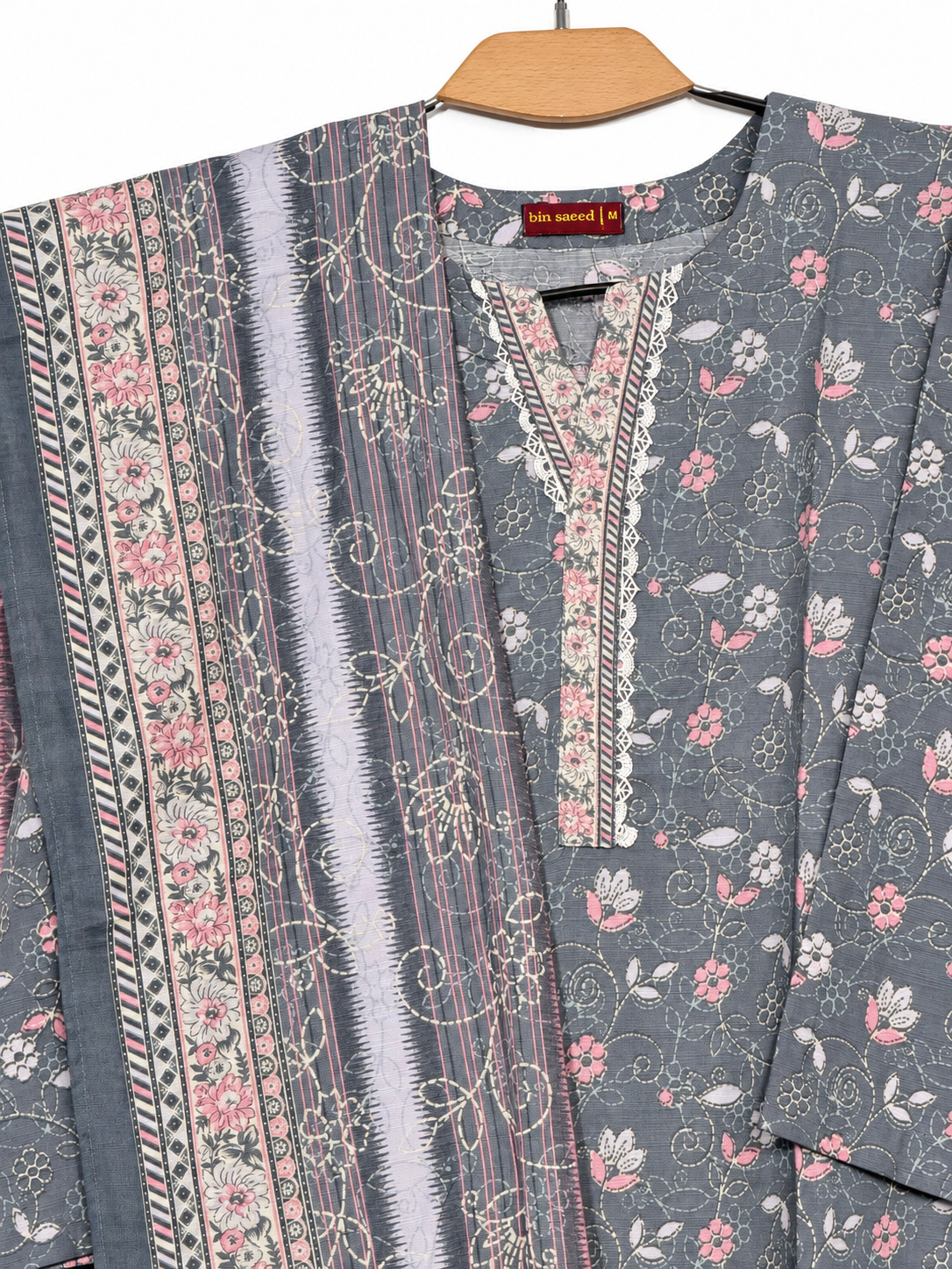 Bin Saeed Khaadar Charcoal Pink Floral 3 Piece Suit neckline and shawl detail