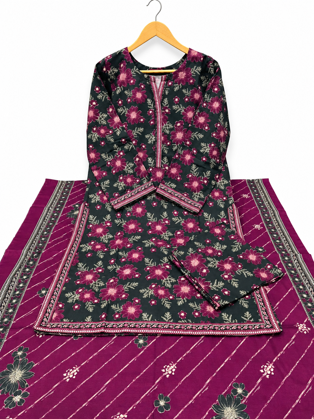 Bin Saeed Khaadar Charcoal Plum Floral 3 Piece Suit gallery detail 1