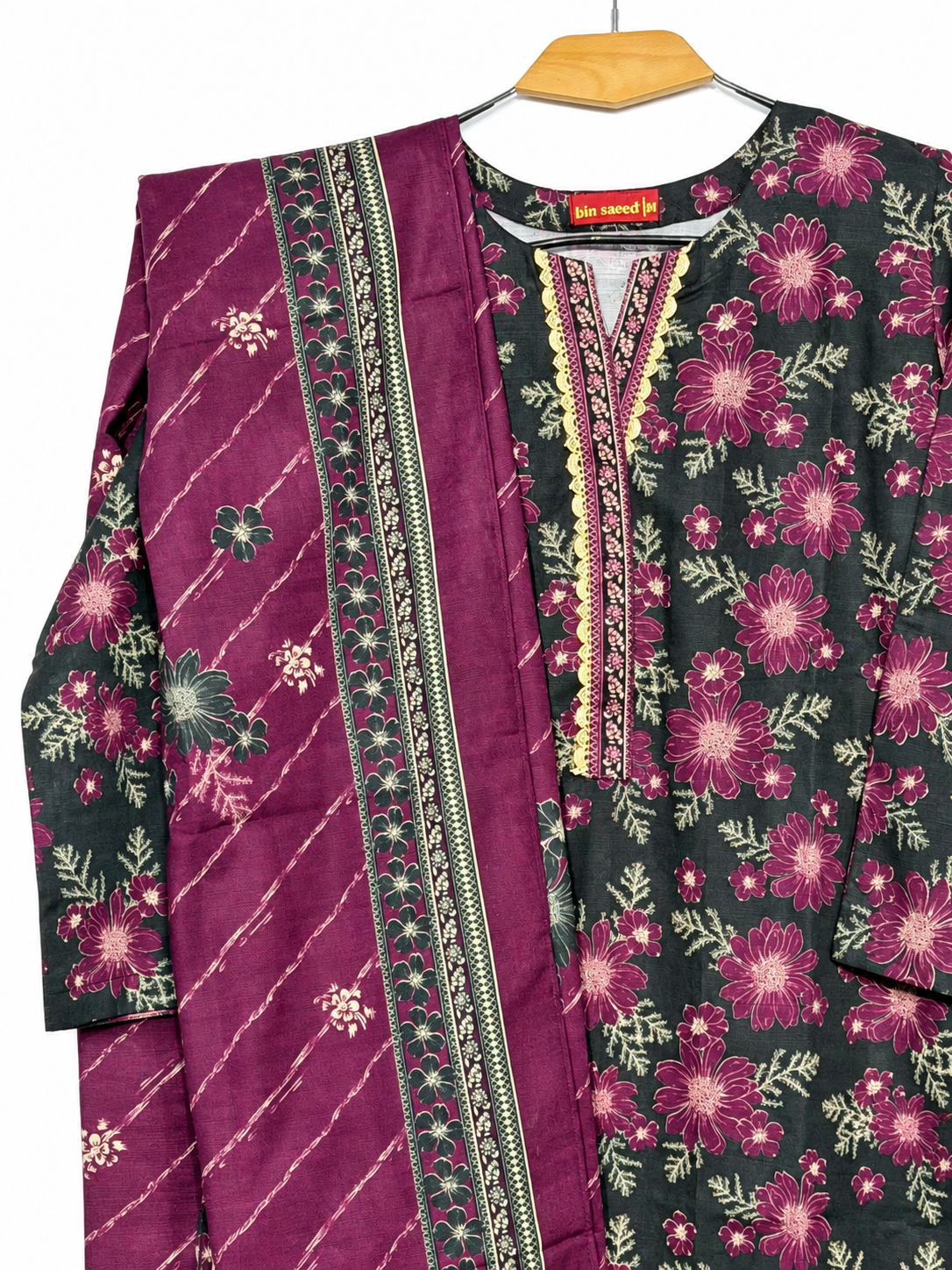 Bin Saeed Khaadar Charcoal Plum Floral 3 Piece Suit gallery detail 2
