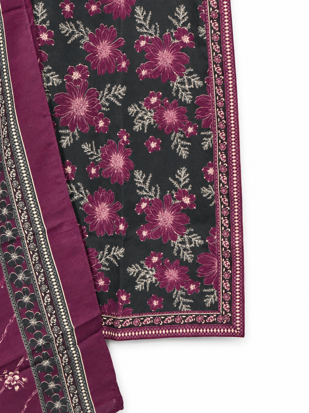 Bin Saeed Khaadar Charcoal Plum Floral 3 Piece Suit gallery detail 3