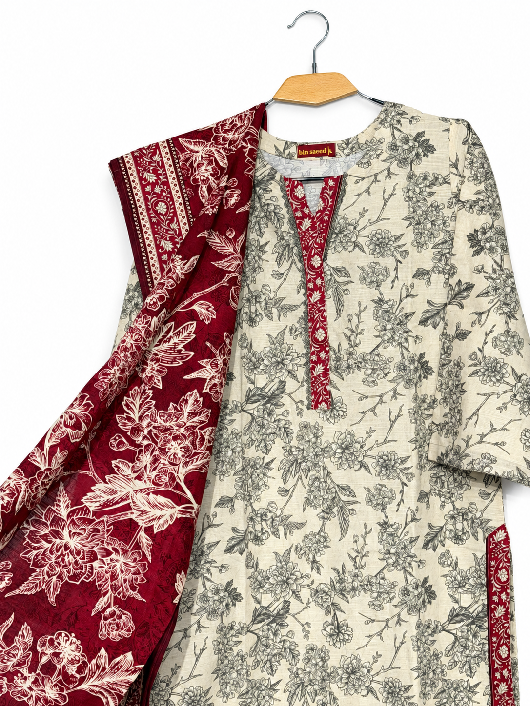 Bin Saeed Ivory Maroon Floral Khaadar 3 Piece Suit gallery detail 1