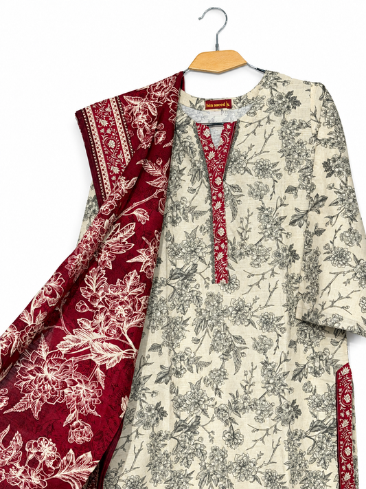 Bin Saeed Ivory Maroon Floral Khaadar 3 Piece Suit gallery detail 1