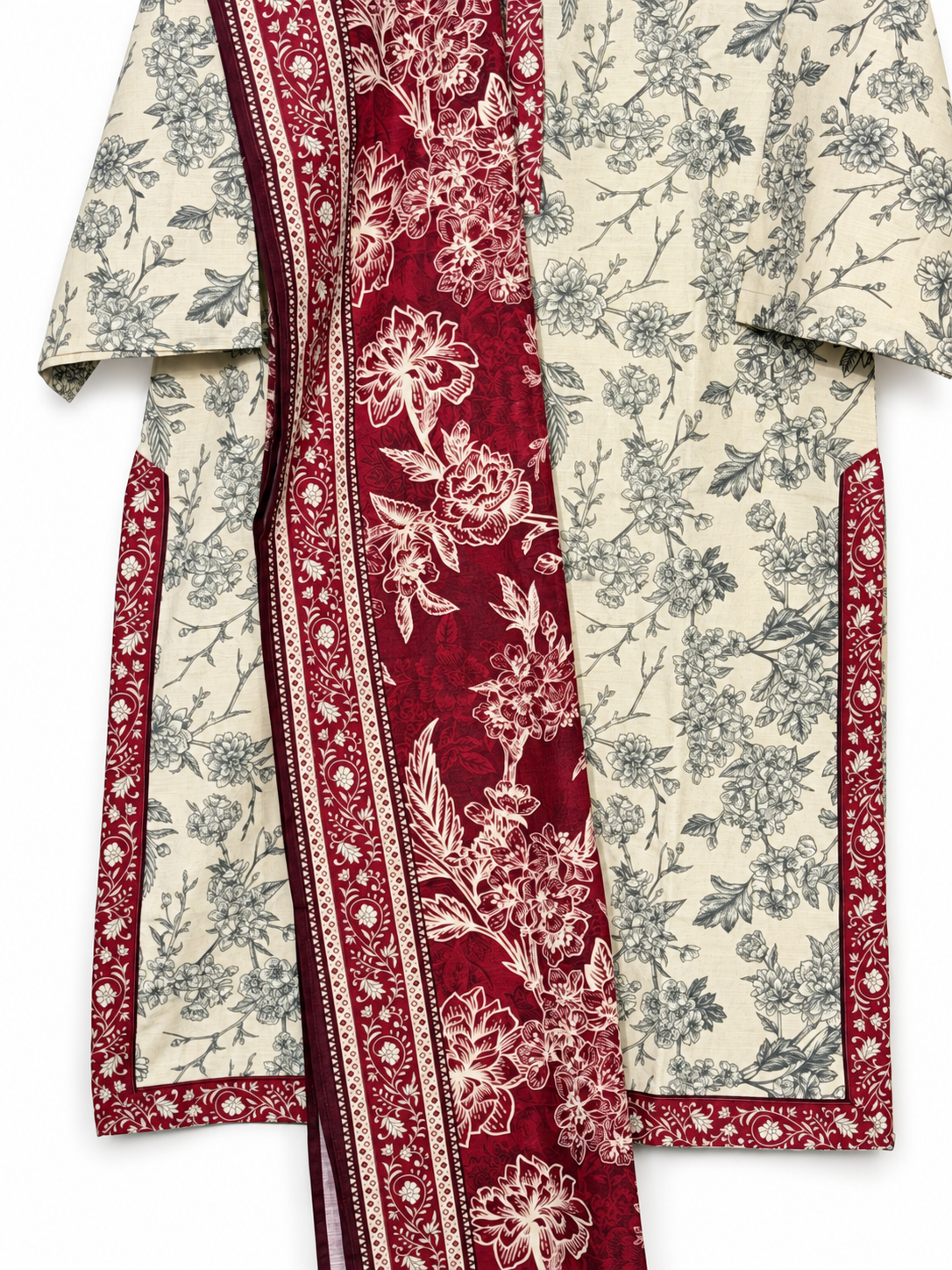 Bin Saeed Ivory Maroon Floral Khaadar 3 Piece Suit gallery detail 2