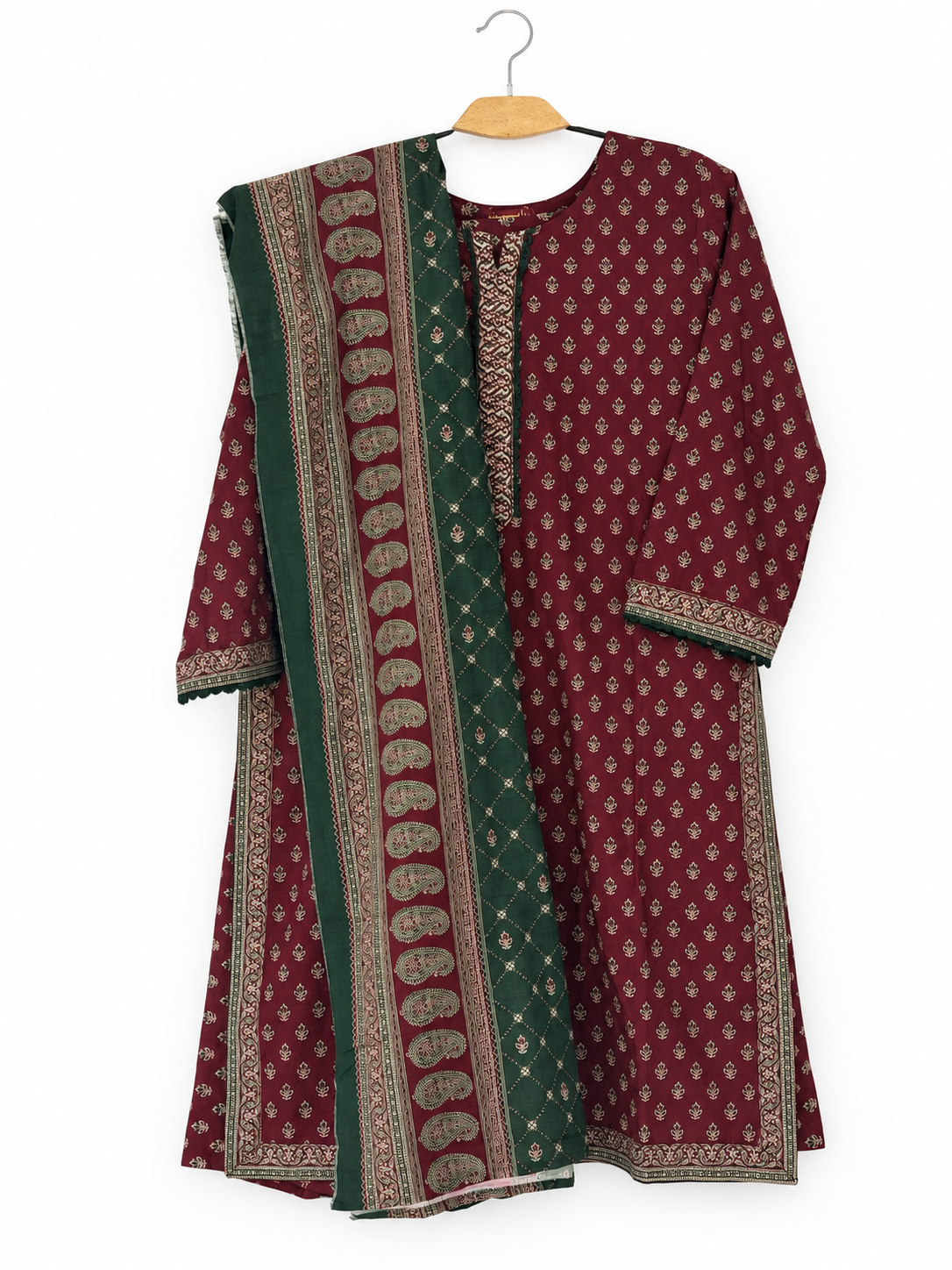 Bin Saeed Khaadar maroon green paisley 3 piece stitched suit clean front view