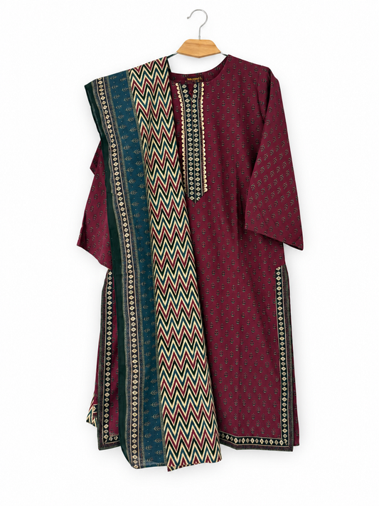 Bin Saeed Khaadar maroon teal chevron 3 piece stitched suit clean front view