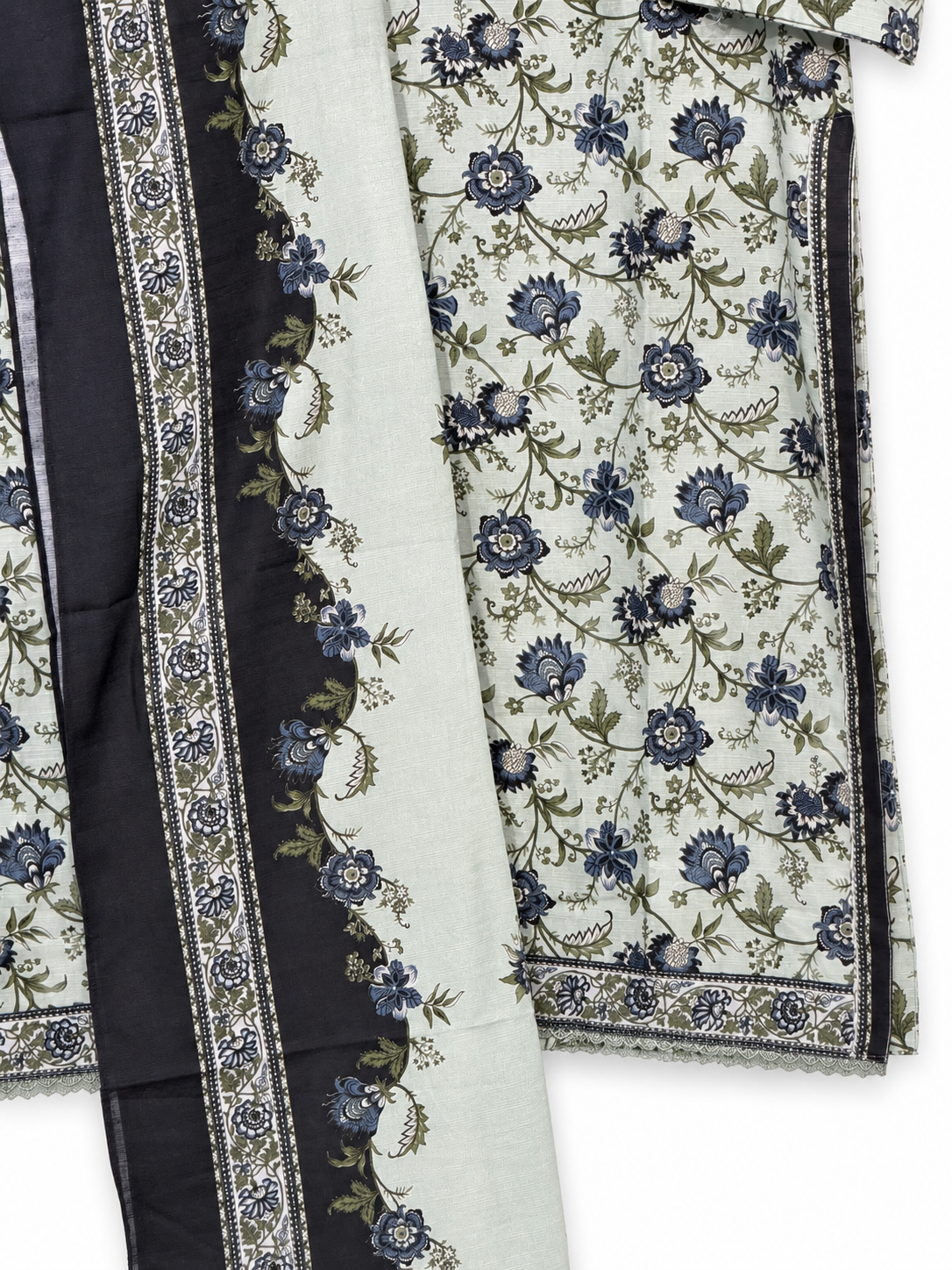 Bin Saeed Khaadar Mint Floral 3 Piece Suit hem and shawl border detail