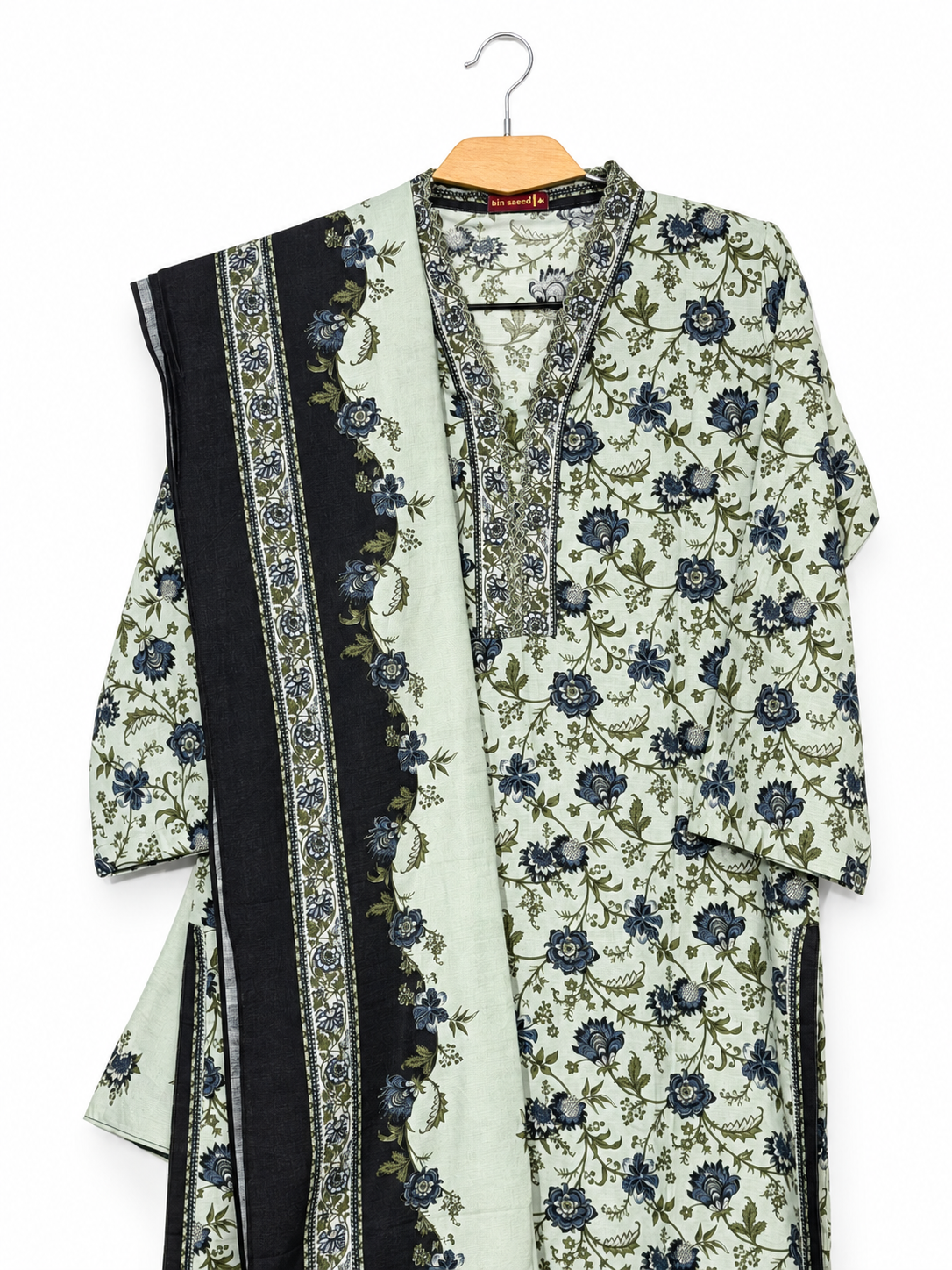 Bin Saeed Khaadar Mint Floral 3 Piece Suit full front with shawl