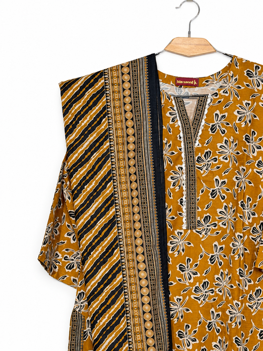 Bin Saeed Khaadar Mustard Black Floral 3 Piece Suit gallery detail 1