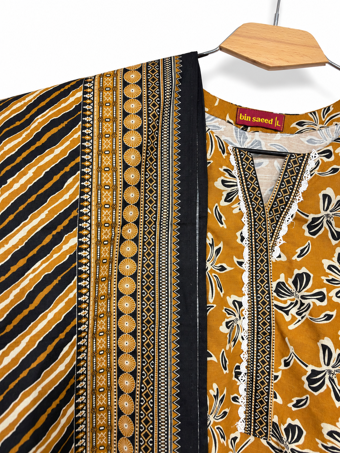Bin Saeed Khaadar Mustard Black Floral 3 Piece Suit gallery detail 3
