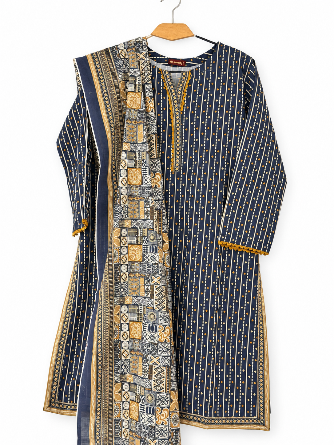 Bin Saeed Khaadar navy mustard patchwork 3 piece stitched suit clean front view