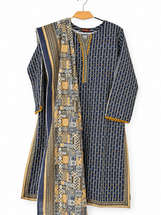 Bin Saeed Khaadar navy mustard patchwork 3 piece stitched suit clean front view
