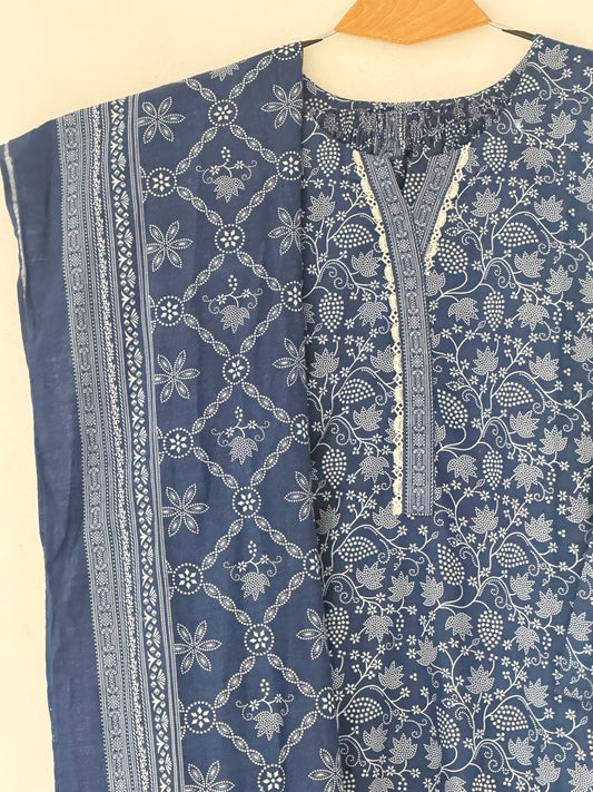 Bin Saeed Khaadar navy white floral neckline and printed shawl detail