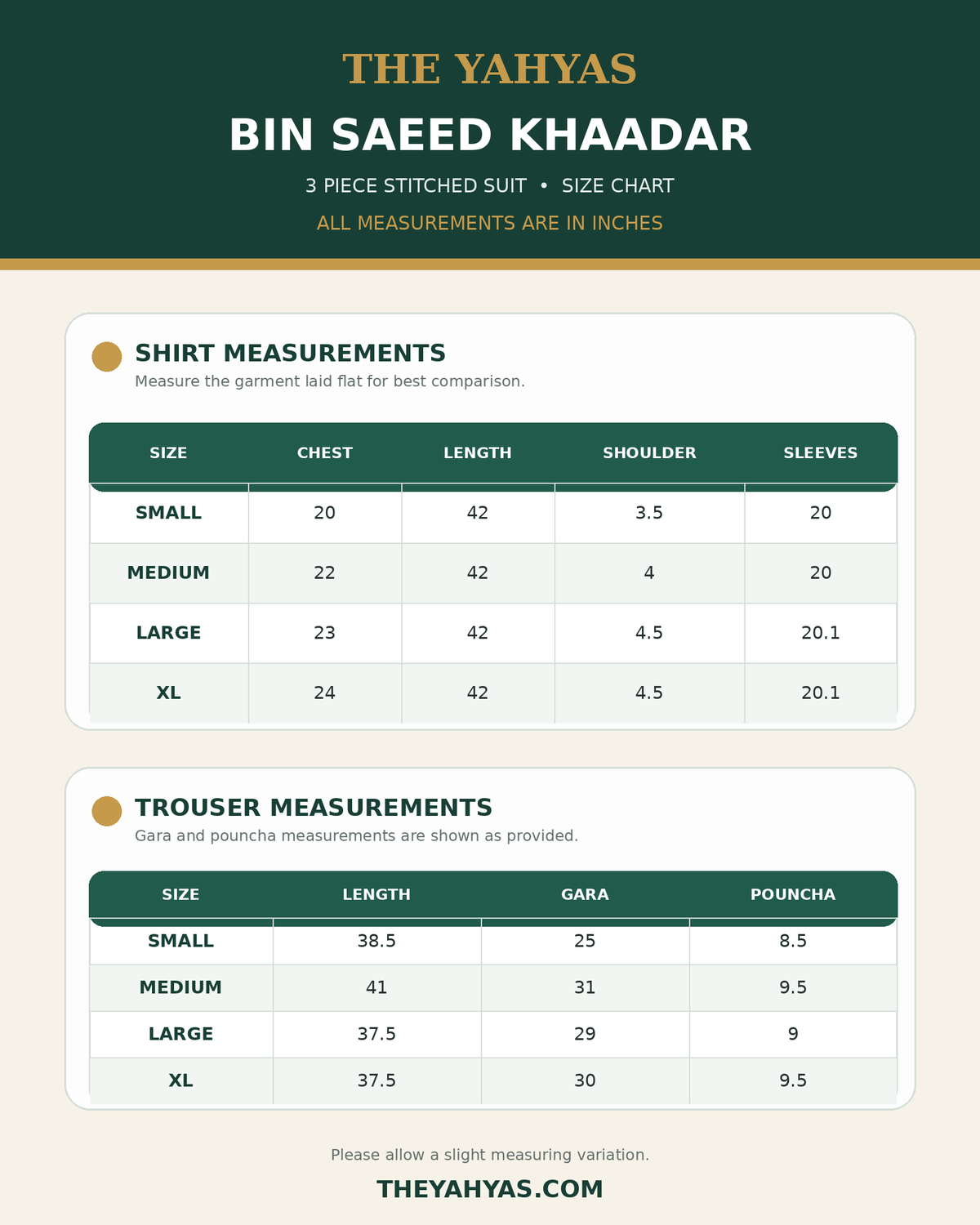 The Yahyas Bin Saeed Khaadar size chart in inches - Small Medium Large XL