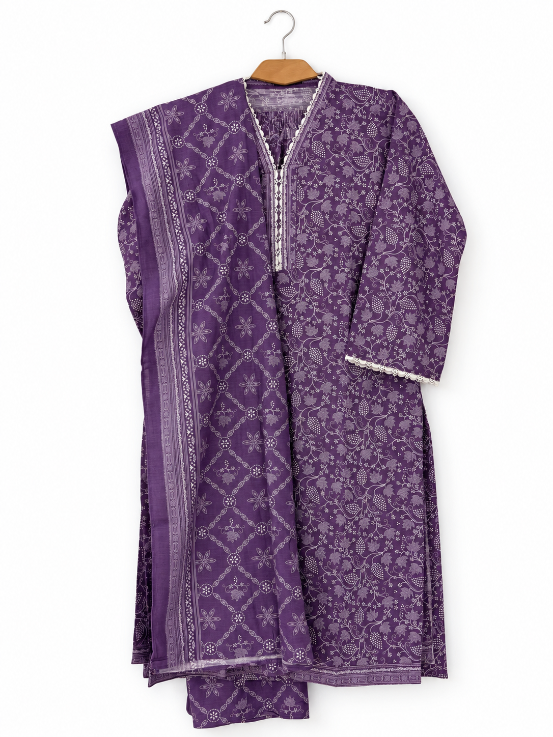 Bin Saeed Khaadar purple white floral 3 piece stitched suit clean front view