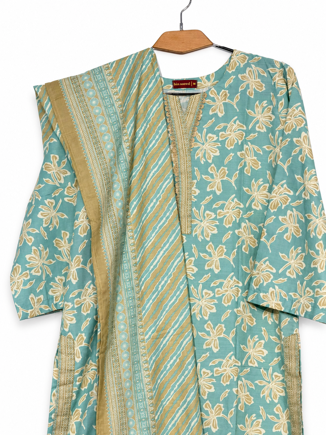 Bin Saeed Khaadar Sea Green Floral 3 Piece Suit gallery detail 1