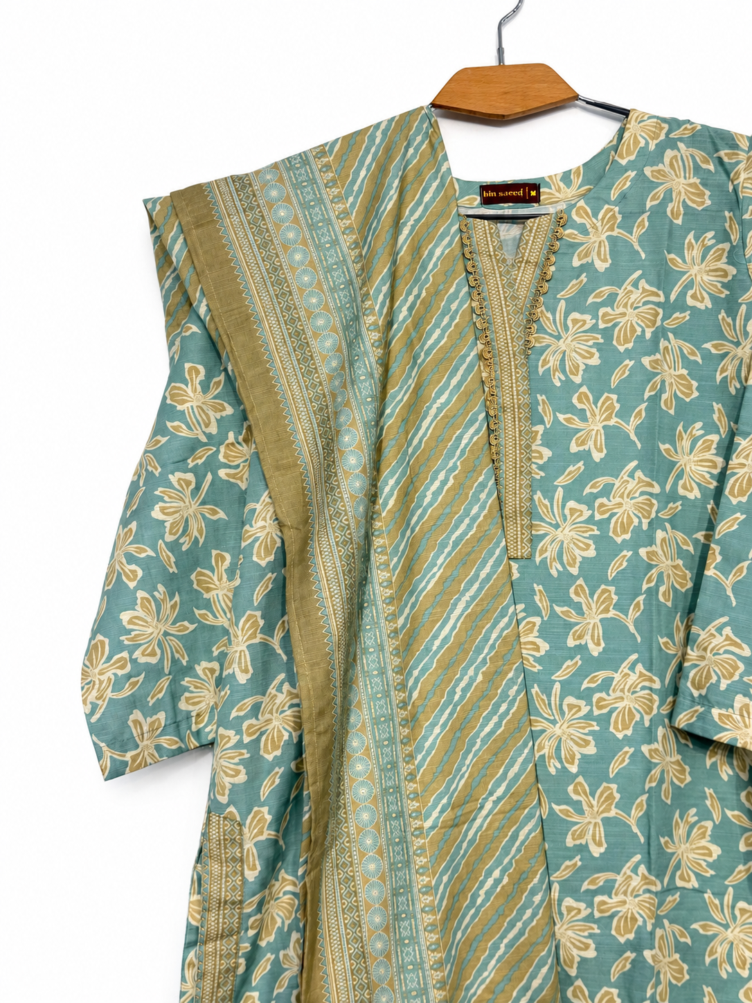 Bin Saeed Khaadar Sea Green Floral 3 Piece Suit gallery detail 3