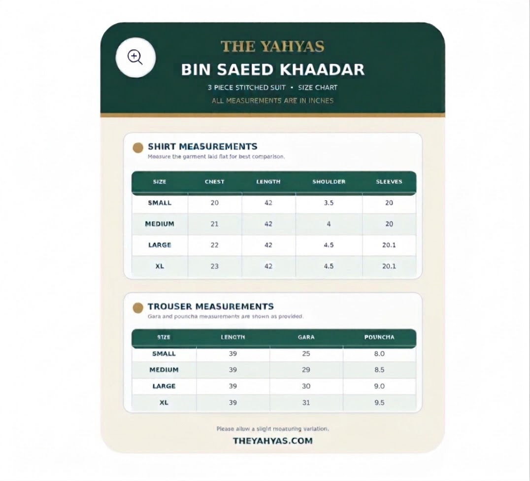 The Yahyas Bin Saeed Khaadar 3-piece stitched suit size chart in inches, sizes Small to XL
