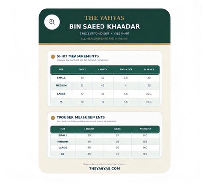 The Yahyas Bin Saeed Khaadar 3-piece stitched suit size chart in inches, sizes Small to XL
