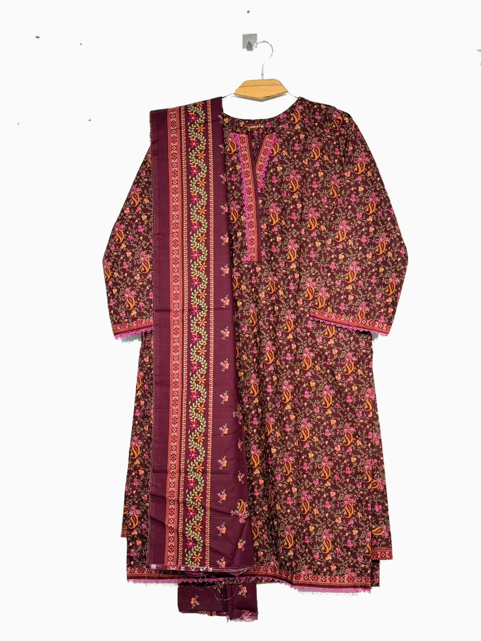 Polished full front product photo of Bin Saeed maroon floral Khaddar 3-piece suit on original wooden hanger