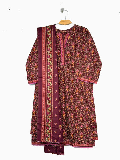 Polished full front product photo of Bin Saeed maroon floral Khaddar 3-piece suit on original wooden hanger