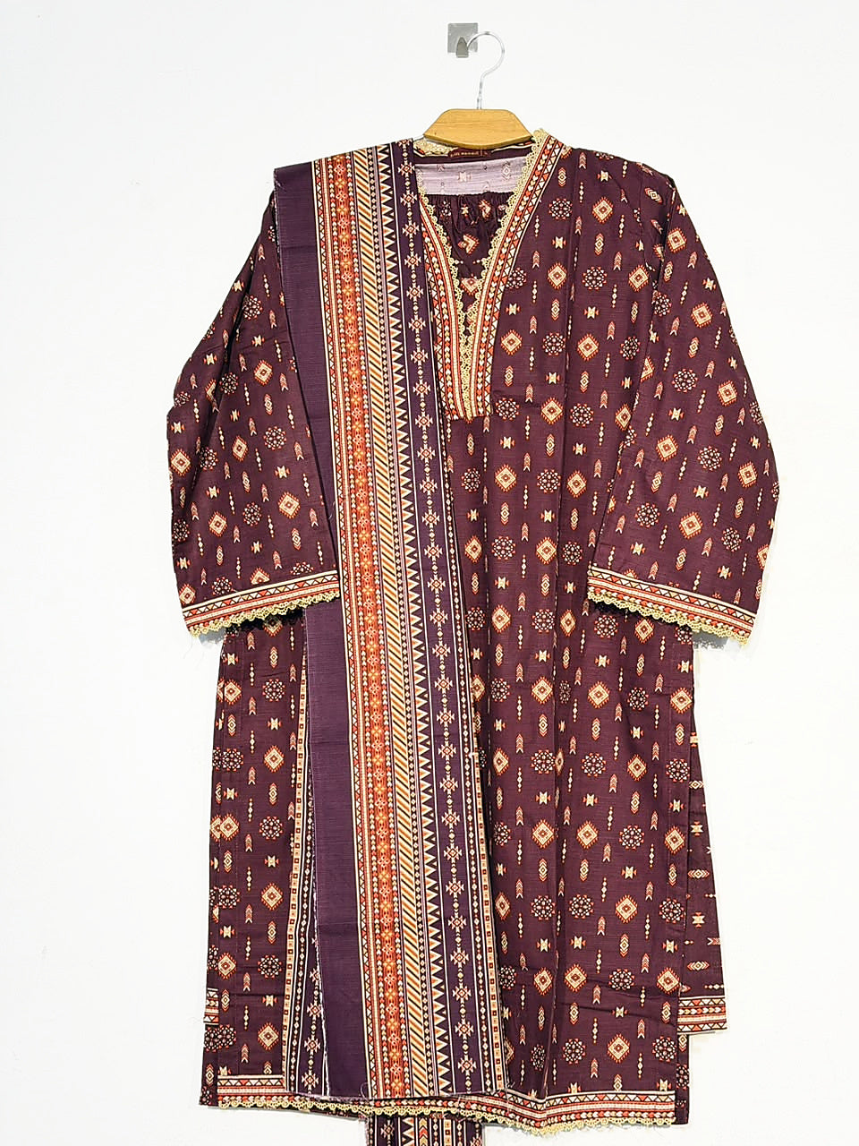 Full front view of Bin Saeed maroon and orange printed Khaddar 3-piece suit on wooden hanger