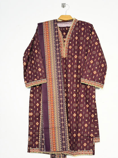 Full front view of Bin Saeed maroon and orange printed Khaddar 3-piece suit on wooden hanger