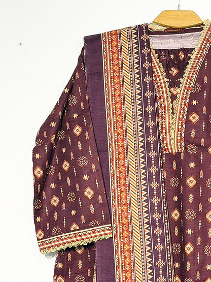 Close-up of neckline, sleeve lace and printed dupatta on Bin Saeed maroon Khaddar suit