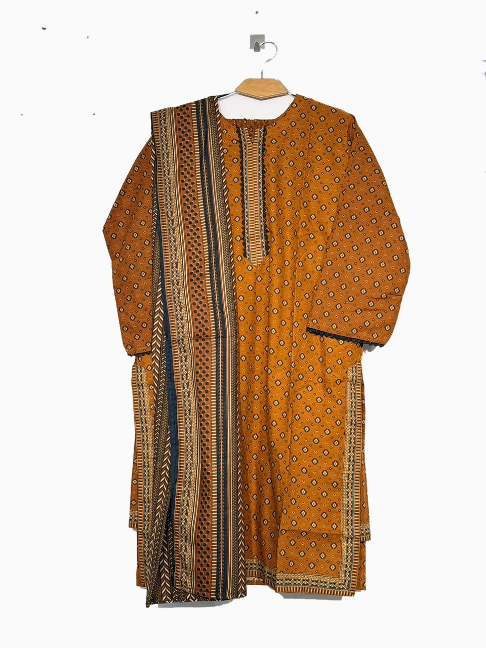 Polished full front product photo of Bin Saeed mustard and navy Khaddar 3-piece suit on original wooden hanger