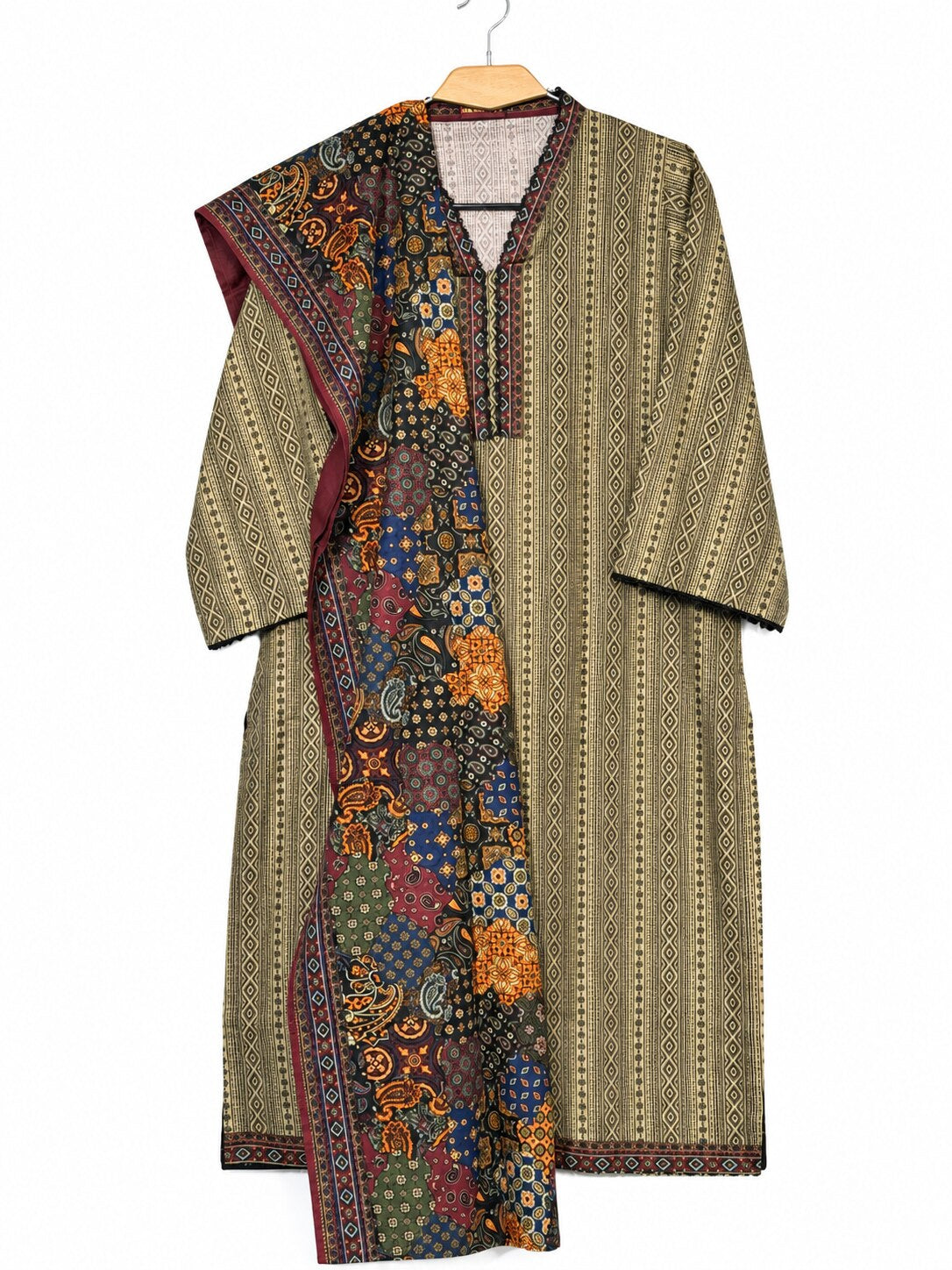 Bin Saeed Khaadar beige geometric printed 3 piece suit with multicolour shawl