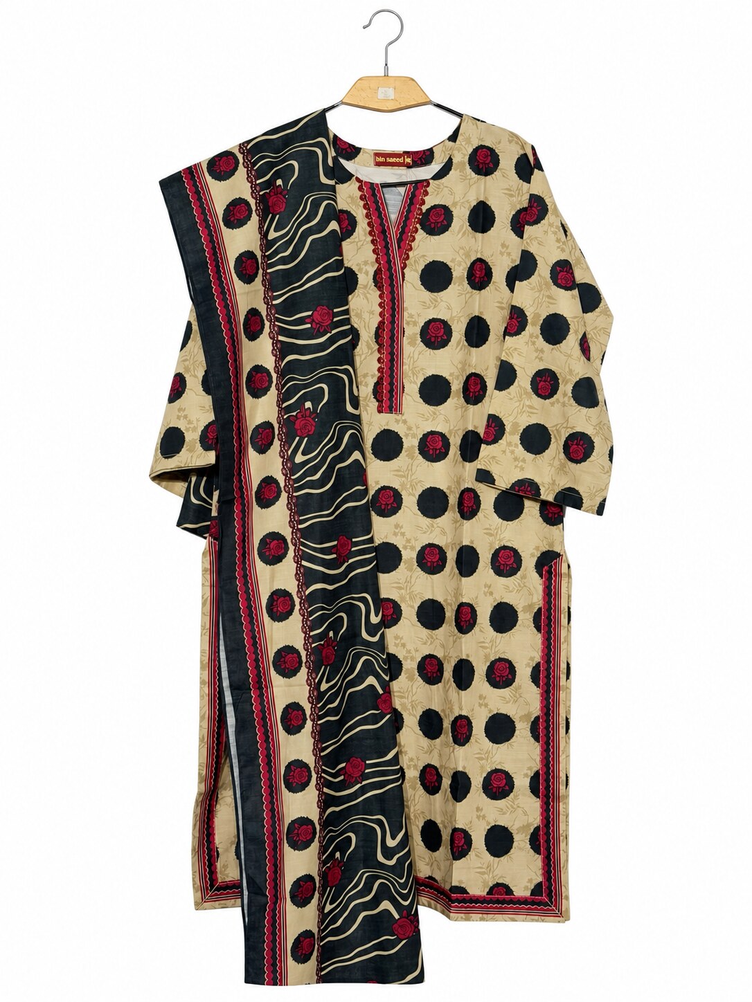 Bin Saeed Khaadar beige black rose printed 3 piece suit with matching shawl