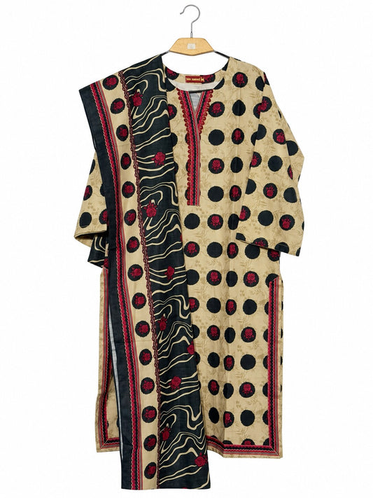 Bin Saeed Khaadar beige black rose printed 3 piece suit with matching shawl