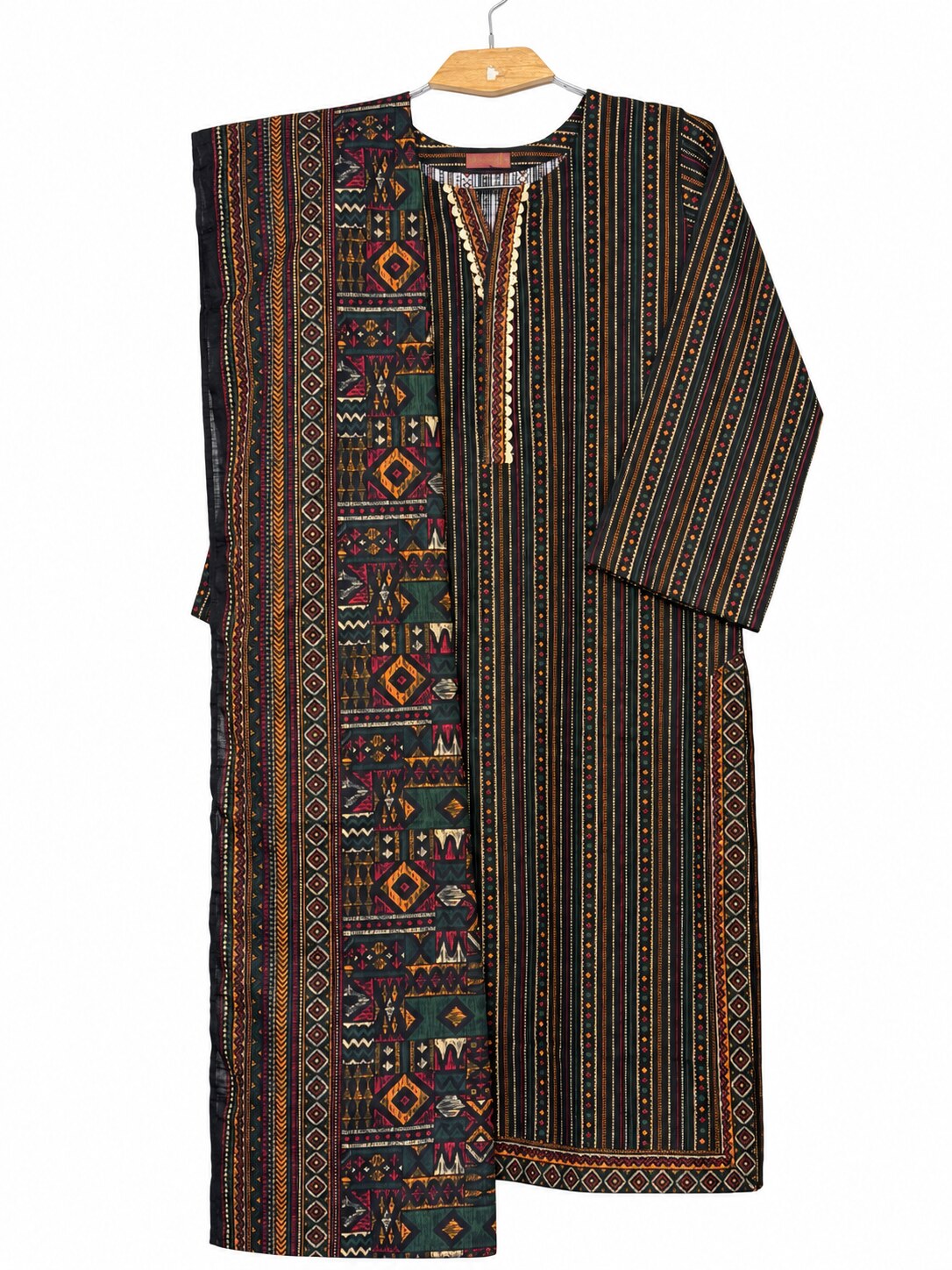 Bin Saeed Khaadar black tribal all-over printed 3 piece suit with matching shawl