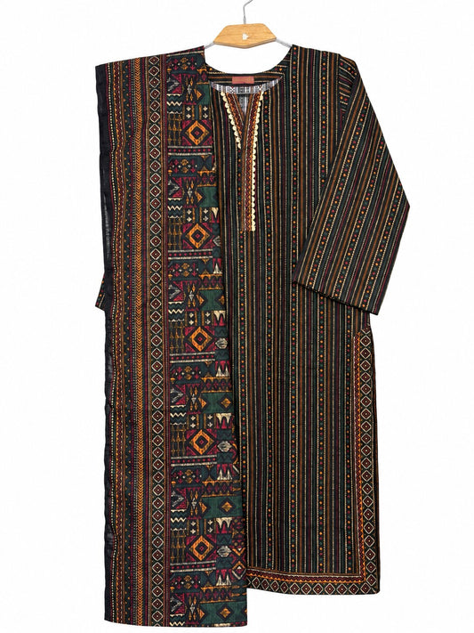 Bin Saeed Khaadar black tribal all-over printed 3 piece suit with matching shawl