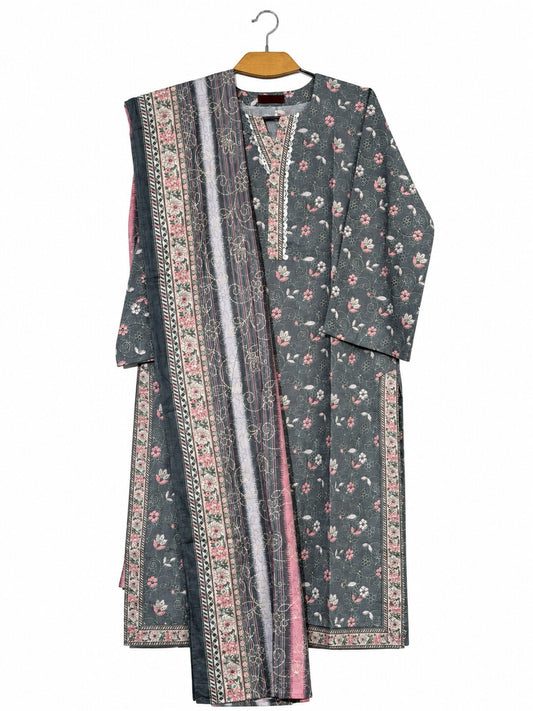 Bin Saeed Khaadar charcoal pink floral printed 3 piece suit with matching shawl