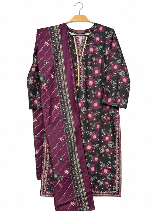 Bin Saeed Khaadar charcoal and plum floral printed 3 piece suit with matching shawl