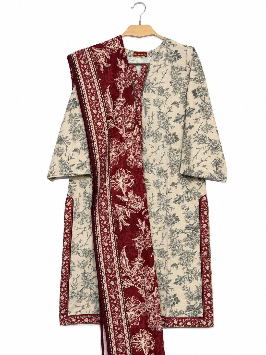 Bin Saeed Khaadar ivory and maroon floral printed 3 piece suit with matching shawl