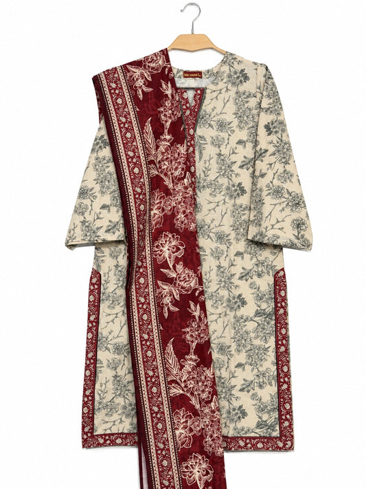 Bin Saeed Khaadar ivory and maroon floral printed 3 piece suit with matching shawl