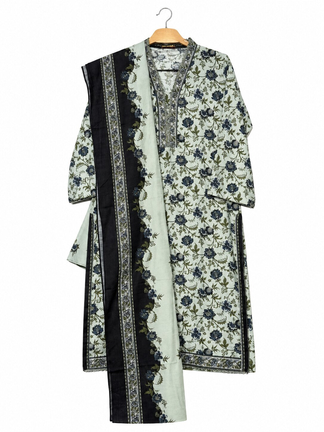 Bin Saeed Khaadar mint floral printed 3 piece suit with black bordered shawl