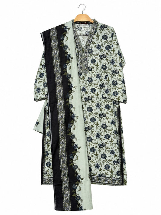 Bin Saeed Khaadar mint floral printed 3 piece suit with black bordered shawl