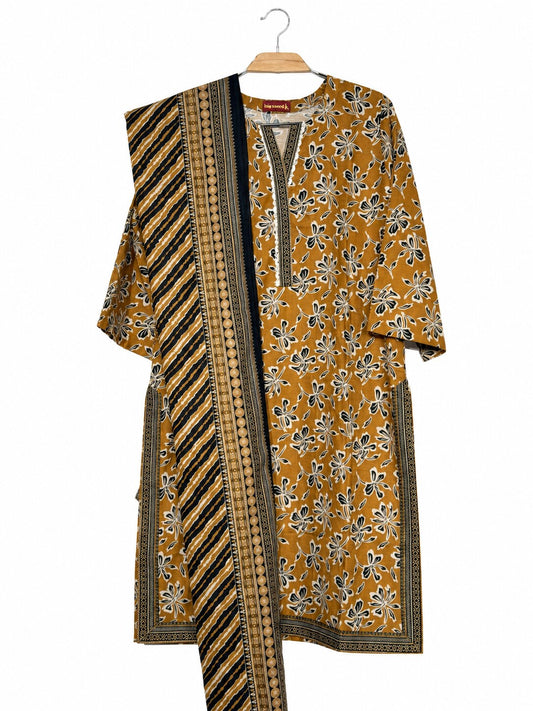 Bin Saeed Khaadar mustard black floral printed 3 piece suit with matching shawl