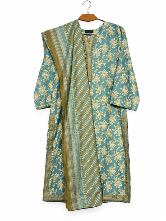 Bin Saeed Khaadar sea green floral printed 3 piece suit with matching shawl