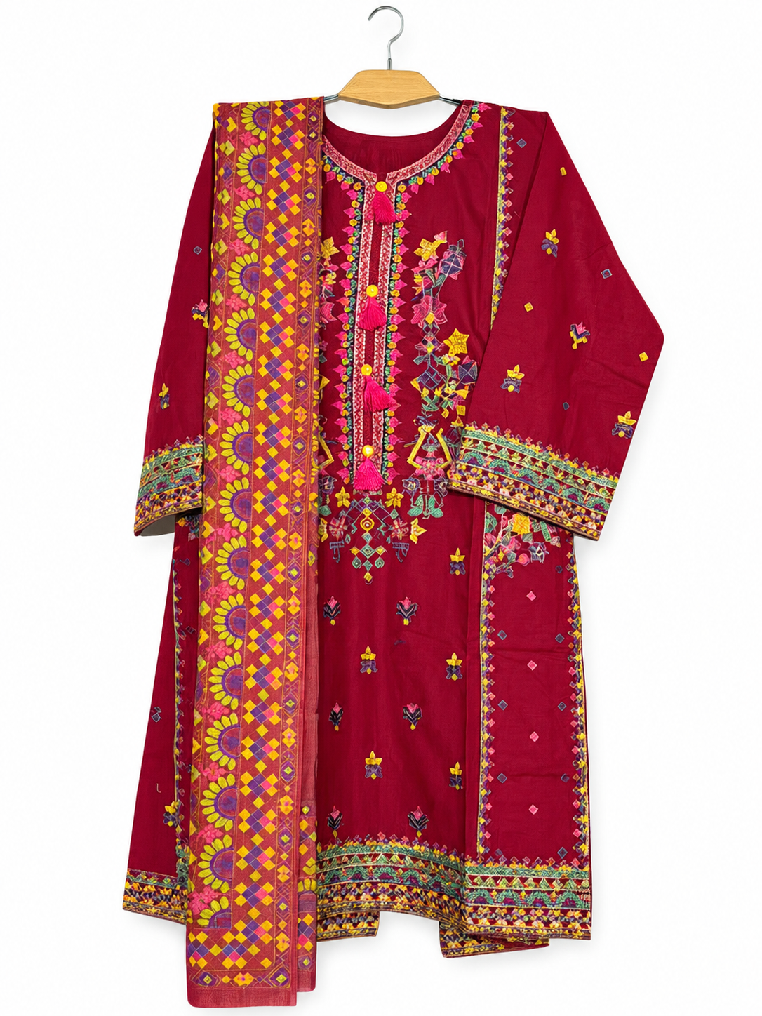 Maroon embroidered kurta set with printed full-length dupatta